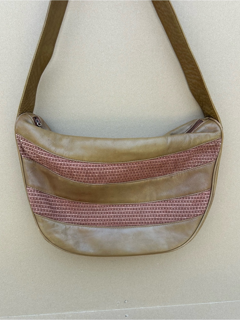VTG Jones NY Striped Hobo Shoulder Bag Leather Woven Y2K Brown Tan Boho Purse